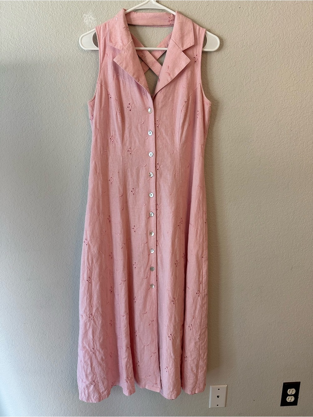 Sheri Martin Pink Linen Blend Dress Size 8 Button Front Embroidered Midi